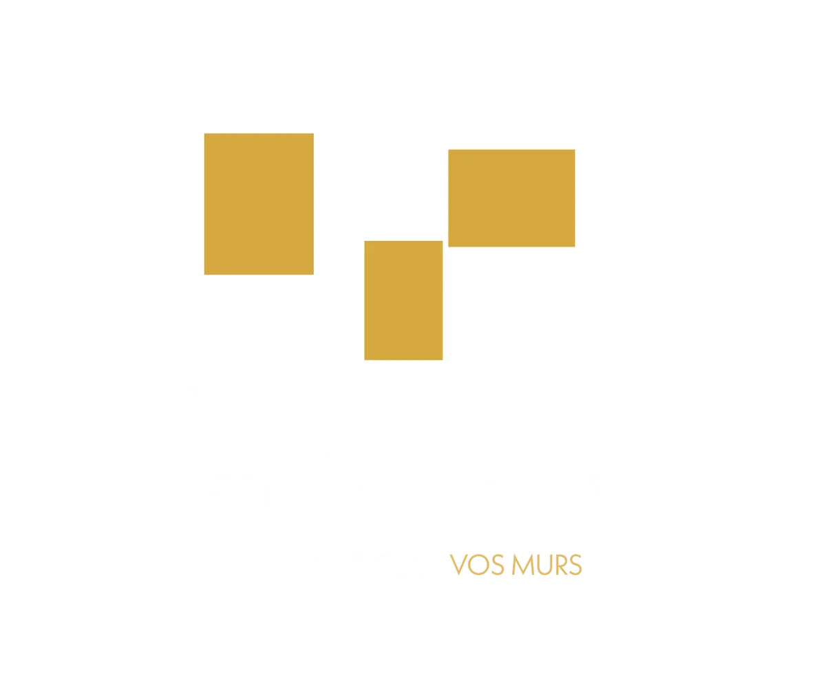 Logo World Project en or sur noir : le signe en or et ivoire, le nom en blanc, « vos murs » en or