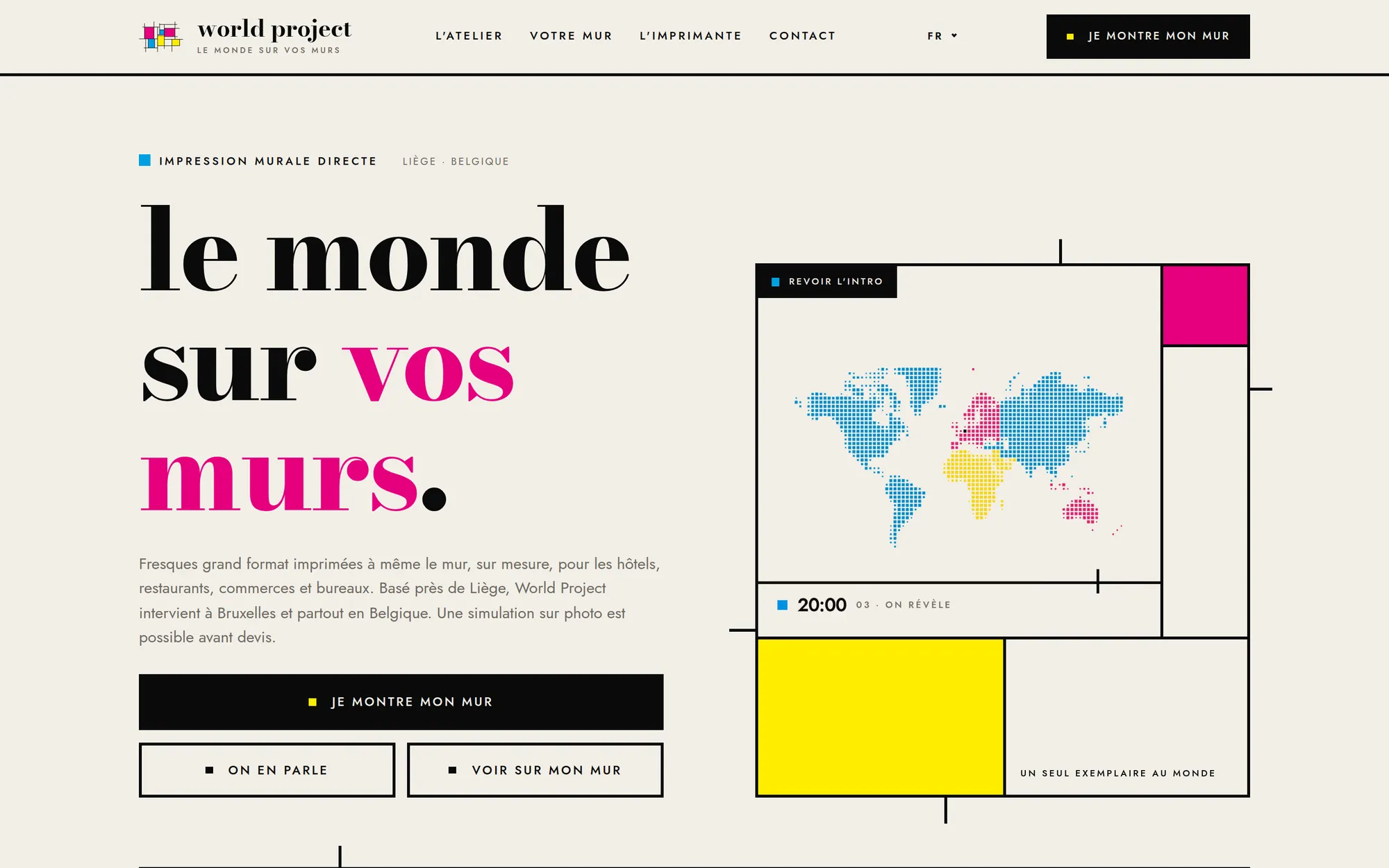 Accueil de worldproject.be sur ordinateur : le titre « le monde sur vos murs » et la grille du signe